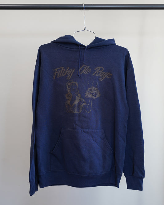 Filthy Ole Rags 90's Navy Blue Hoodie - Brown Front Print (Large)