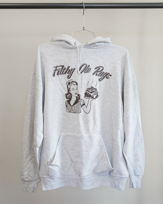 Filthy Ole Rags 90's Grey Hoodie - Brown Front Print (Large)