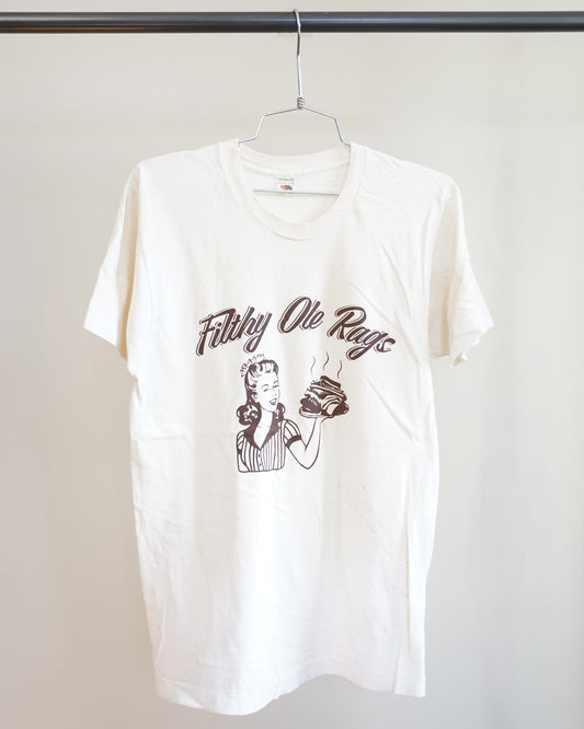 Filthy Ole Rags 70's White Tee - Brown Front Print (Medium)