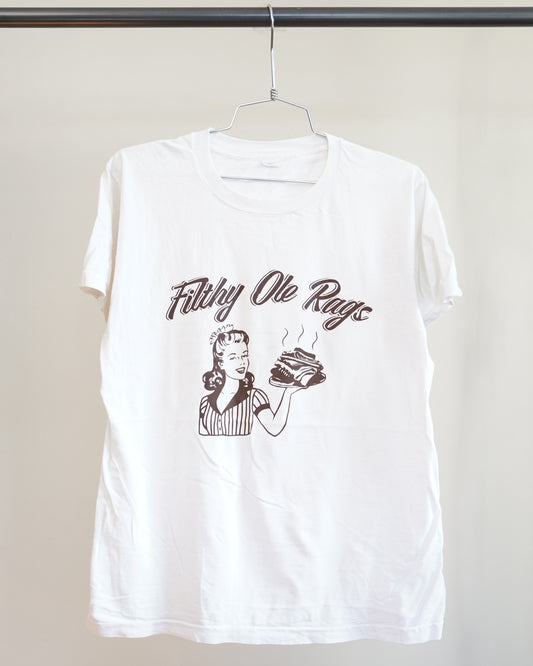 Filthy Ole Rags 70's White Tee - Brown Front Print (Large)