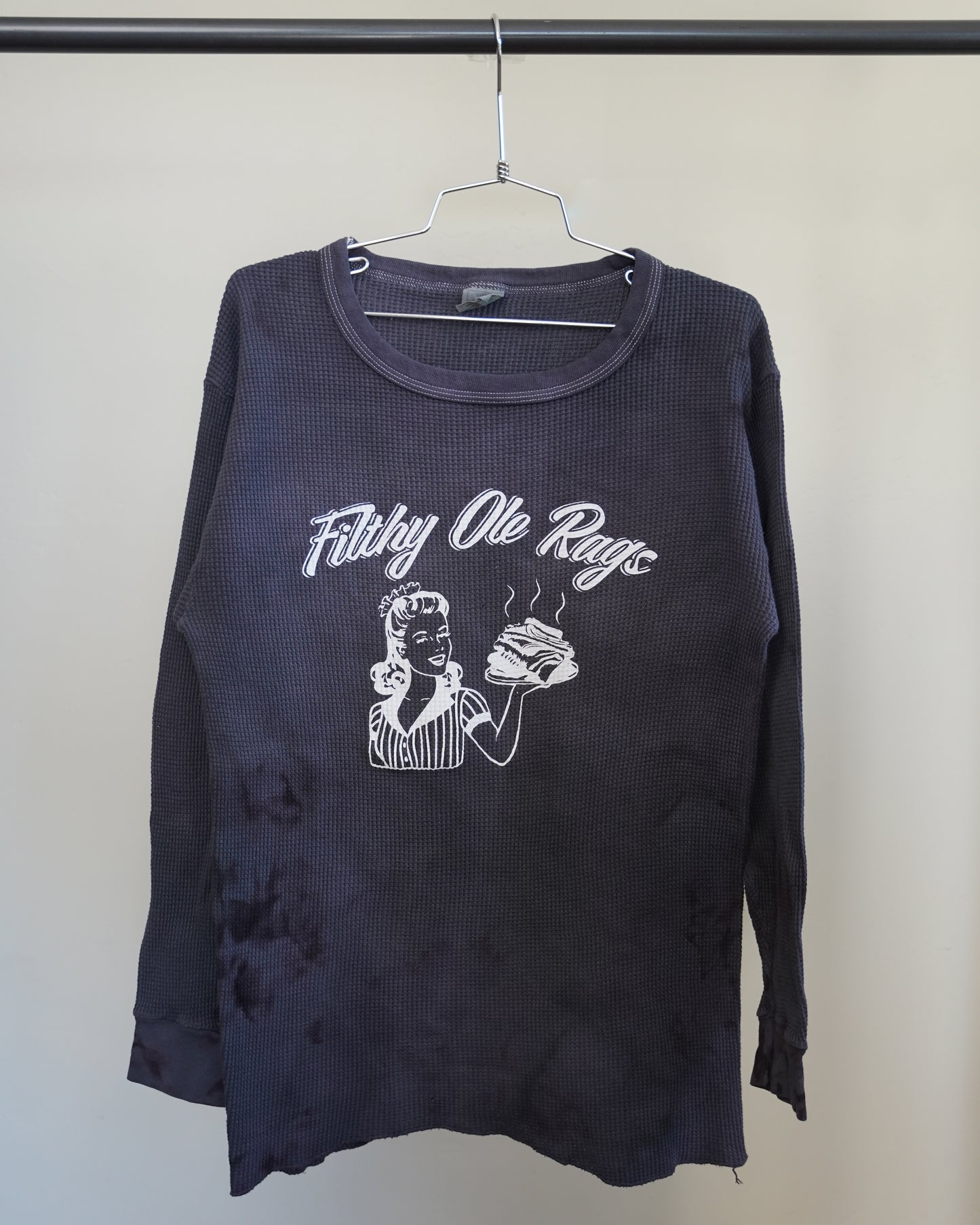 Filthy Ole Rags 80's Overdyed Black Thermal - White Front Print (XL)