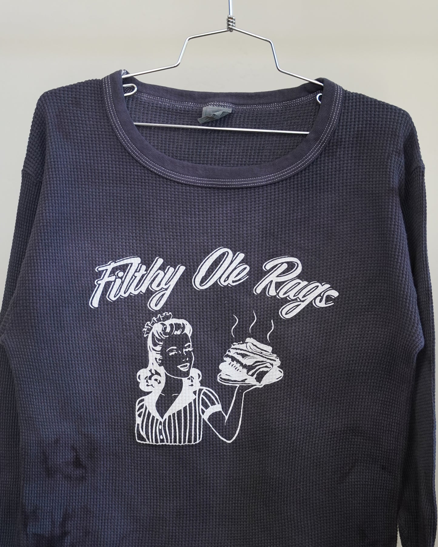 Filthy Ole Rags 80's Overdyed Black Thermal - White Front Print (XL)