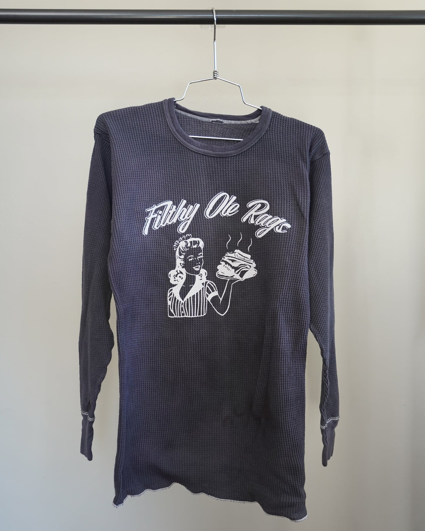 Filthy Ole Rags 80's Overdyed Black Thermal - White Front Print (Large)