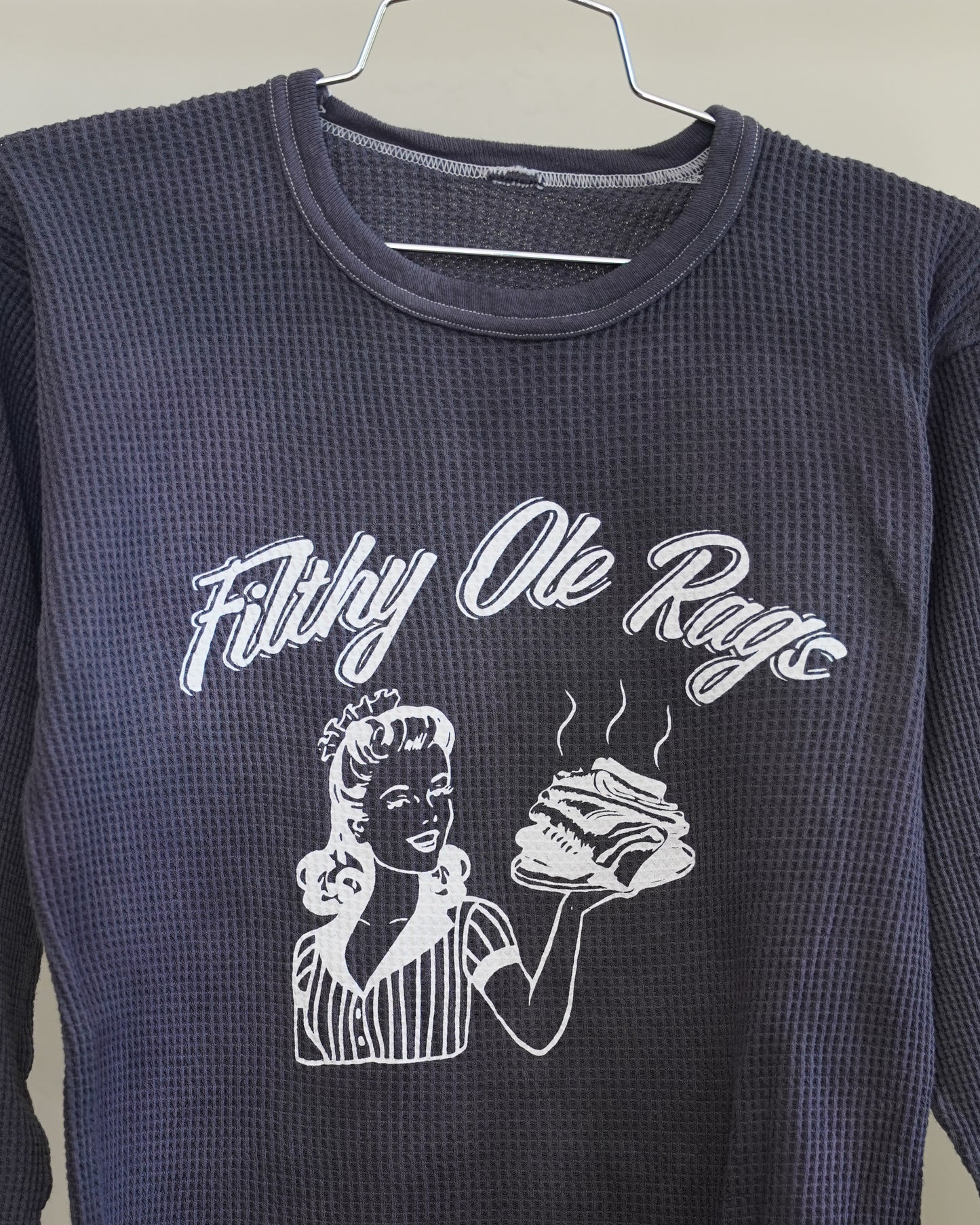 Filthy Ole Rags 80's Overdyed Black Thermal - White Front Print (Large)