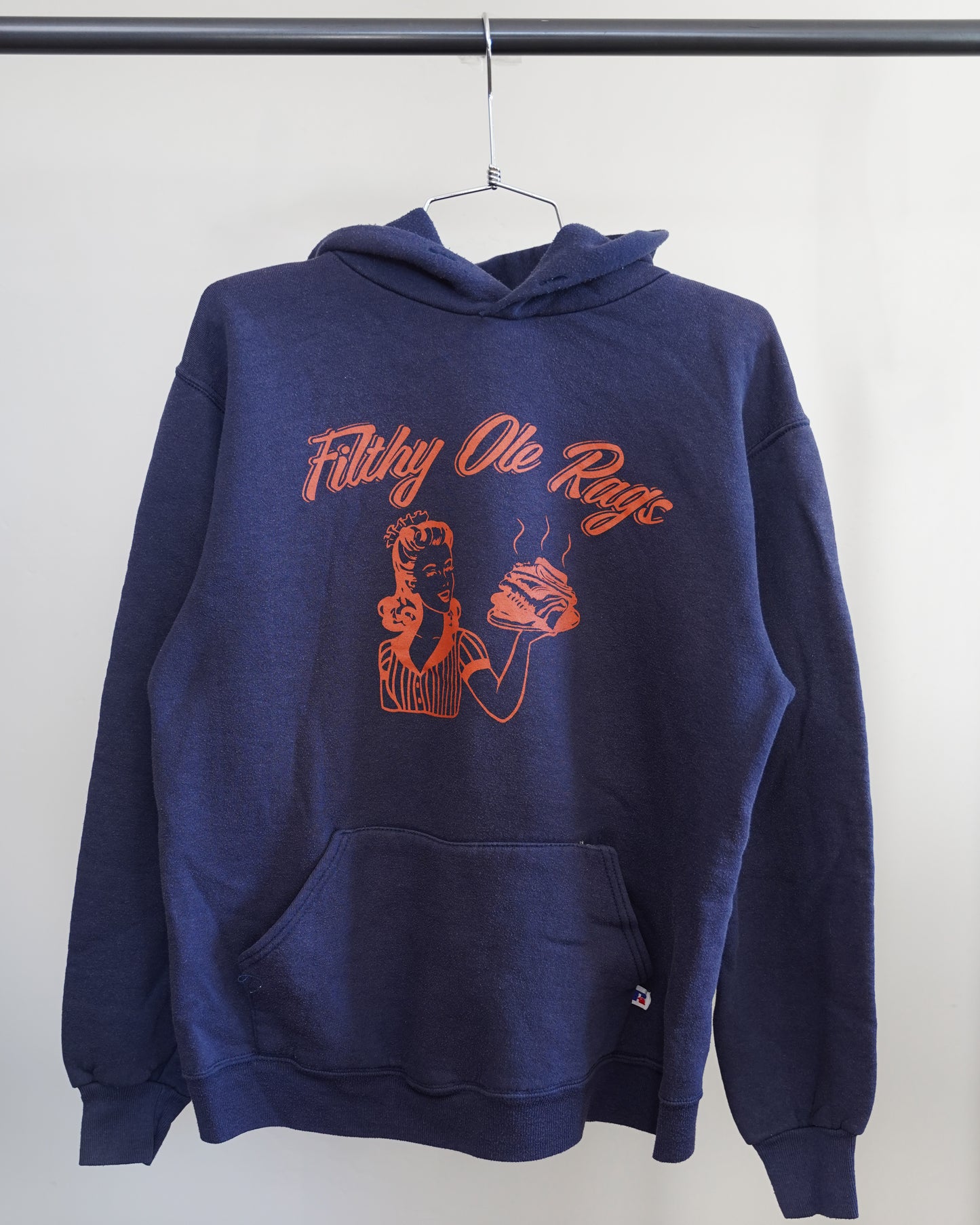 Filthy Ole Rags 90's Russell Hoodie - Orange Front Print (Medium)