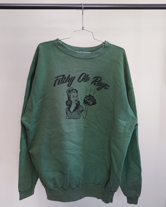 Filthy Ole Rags 90's Faded Green Sweatshirt - Black Front Print (XL)